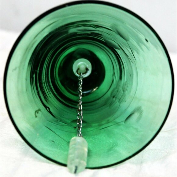 Vintage Green Glass Bell Etched Floral Pattern With Chain Glass Clapper - Picture 6 of 9
